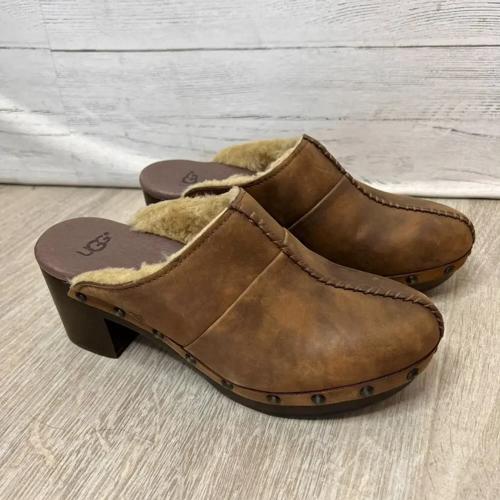 UGG Shoes Womens Size 5 1/2 - 6 Kassi High Heel Leather Clog Mule Sheepskin